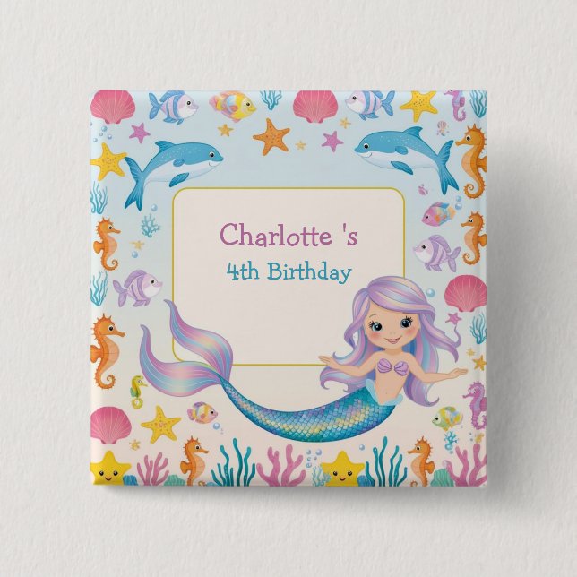 Cute Rainbow mermaid fish shark whale Birthday 15 Cm Square Badge (Front)