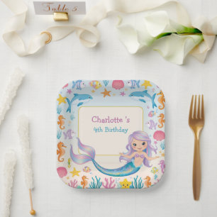 Cute Rainbow mermaid fish shark whale Birthday Paper Plate