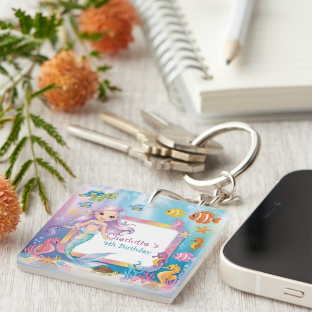Cute Rainbow mermaid fish turtle star Birthday Key Ring (Front Right)
