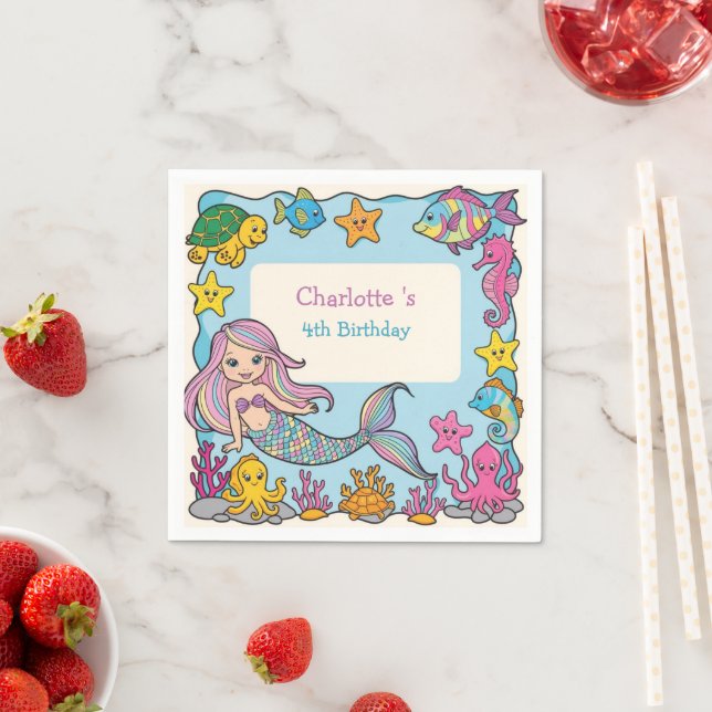 Cute Rainbow mermaid fish turtle star Birthday Napkin (Insitu)