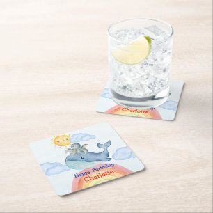 Cute rainbow octopus Whale fish Birthday party Square Paper Coaster
