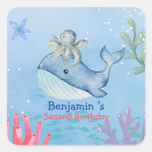 Cute rainbow octopus Whale fish Birthday party Square Sticker