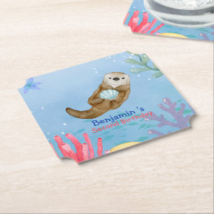 Cute rainbow Otter Scallops Birthday party Paper Coaster