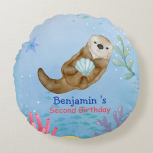 Cute rainbow Otter Scallops Birthday party Round Cushion