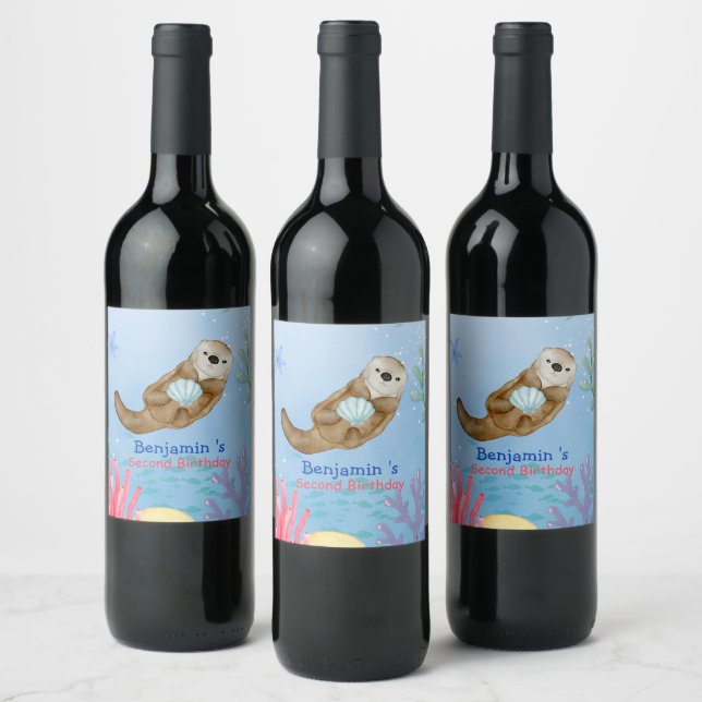 Cute rainbow Otter Scallops Birthday party Wine Label (Bottles)