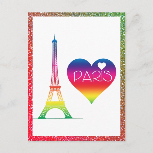 Cute Rainbow Paris Heart Eiffel Tower Postcard (Front)