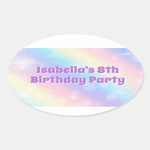 Cute Rainbow Pastel Sparkle Custom Birthday Party Oval Sticker