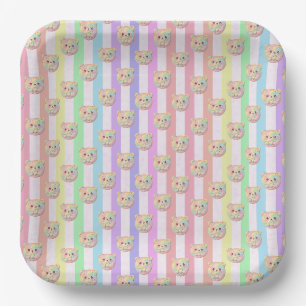 Cute Rainbow Pastel Teddy Bear and Stripe Paper Plate