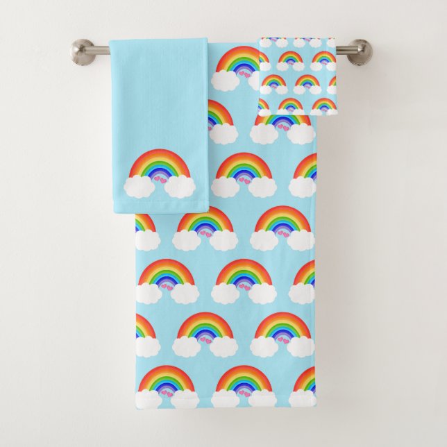 Cute Rainbow Pattern Blue Bath Towel Set (Insitu)