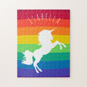 Cute Rainbow Pattern White Unicorn Personalised Jigsaw Puzzle