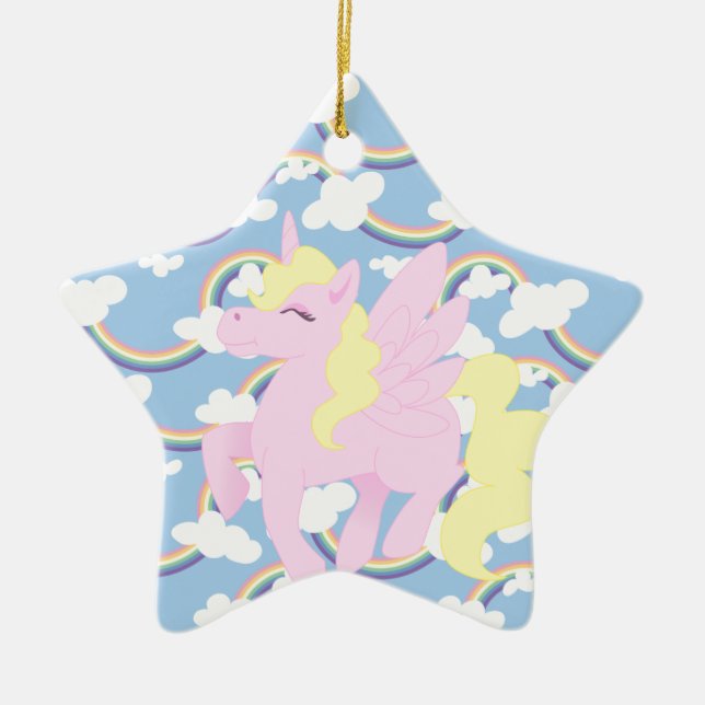 Cute Rainbow Pattern with Pink Unicorn Pegasus Ceramic Tree Decoration (Front)