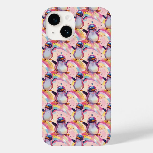 Cute Rainbow Penguins and Stars Pattern Case-Mate iPhone Case (Back)
