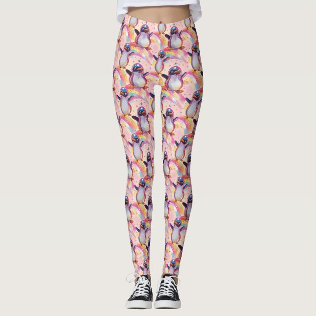 Cute Rainbow Penguins and Stars Pattern Leggings (Front)