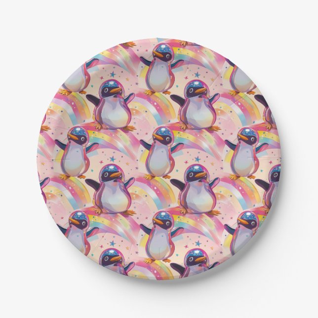 Cute Rainbow Penguins and Stars Pattern Paper Plate (Front)