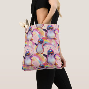 Cute Rainbow Penguins and Stars Pattern Tote Bag