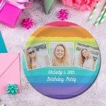Cute Rainbow Photo Collage Custom Birthday Party Paper Plate<br><div class="desc">This cute rainbow birthday party paper plate features a pretty 3 photo collage of the birthday girl or guy. Three fun square photographs on modern,  colourful decor with personalised white script below.</div>