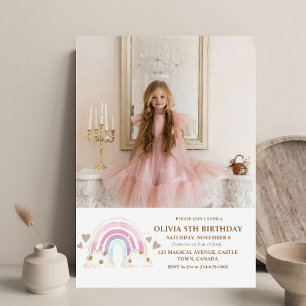 Cute Rainbow Photo Girly 5th Birthday Kids Photo Invitation
