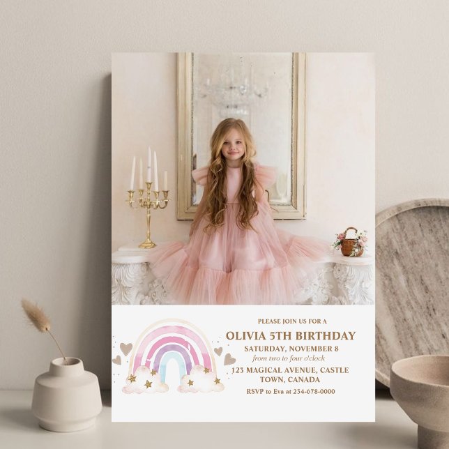 Cute Rainbow Photo Girly 5th Birthday Kids Photo  Invitation (Creator Uploaded)