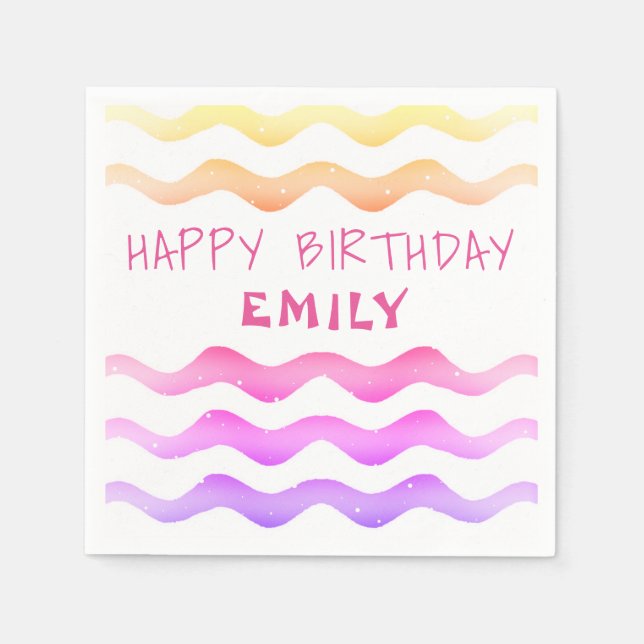 Cute Rainbow Pink Wave Pattern Girl Birthday Napkin (Front)