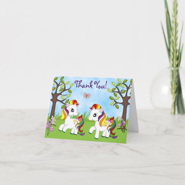 Cute Rainbow Ponies Horse Thank You Cards (Front)