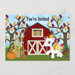 Cute Rainbow Pony and Barn Autumn Horse Birthday Invitation