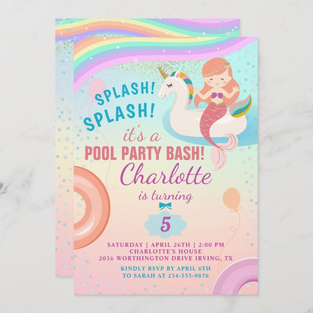 Cute Rainbow Pool Party Unicorn Mermaid Birthday Invitation (Front/Back)