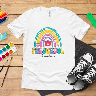 Cute Rainbow Preschool Teacher with Apple Tri-Blend Shirt
