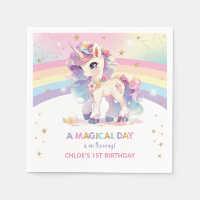 Cute Rainbow Princess Unicorn 1st Birthday Party Napkin (Front)