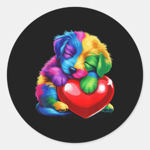 Cute Rainbow Puppy Hugging Valentine Heart Kids Bo Classic Round Sticker