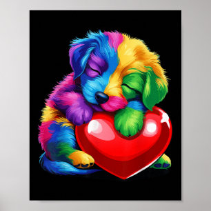 Cute Rainbow Puppy Hugging Valentine Heart Kids Bo Poster