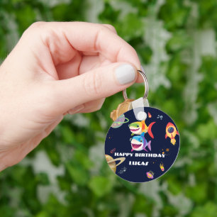 Cute rainbow Shark Galaxy Rocket birthday party  Key Ring