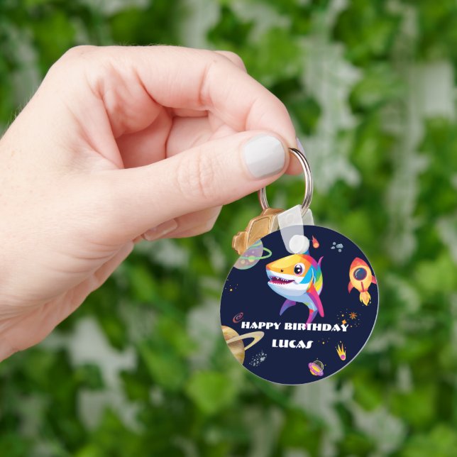 Cute rainbow Shark Galaxy Rocket birthday party  Key Ring (Hand)
