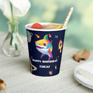 Cute rainbow Shark Galaxy Rocket birthday party Paper Cups