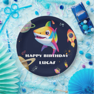Cute rainbow Shark Galaxy Rocket birthday party Paper Plate