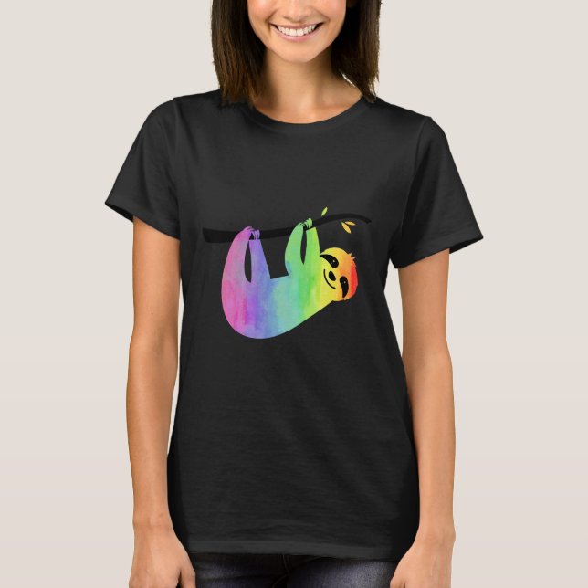 Cute Rainbow Sloth Lgbtq Silhouette Watercolor Yog T-Shirt (Front)