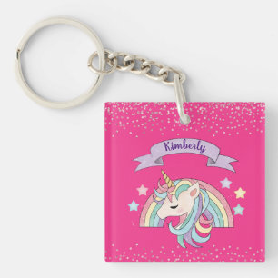 Cute Rainbow & Sparkly Unicorn Hot Pink Glitter Key Ring