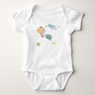 Cute Rainbow Stick Figure Boy Aeroplane Suitcase Baby Bodysuit