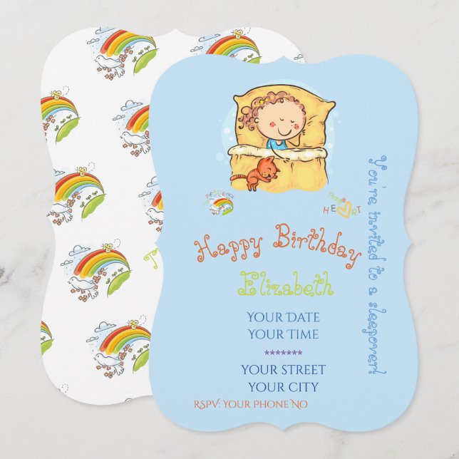 Cute Rainbow Stick Figure Girl Sleeping Cat Invitation (Front/Back)