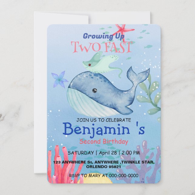 Cute rainbow stingray Whale fish 2nd Birthday part Invitation (Front)