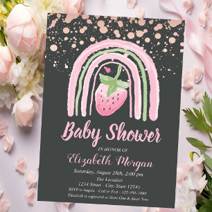 Cute Rainbow Strawberry,Rose Gold Dots Baby Shower Invitation