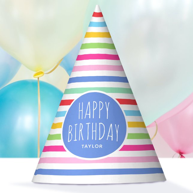 Cute Rainbow Striped Happy Birthday Blue Party Hat (Creator Uploaded)