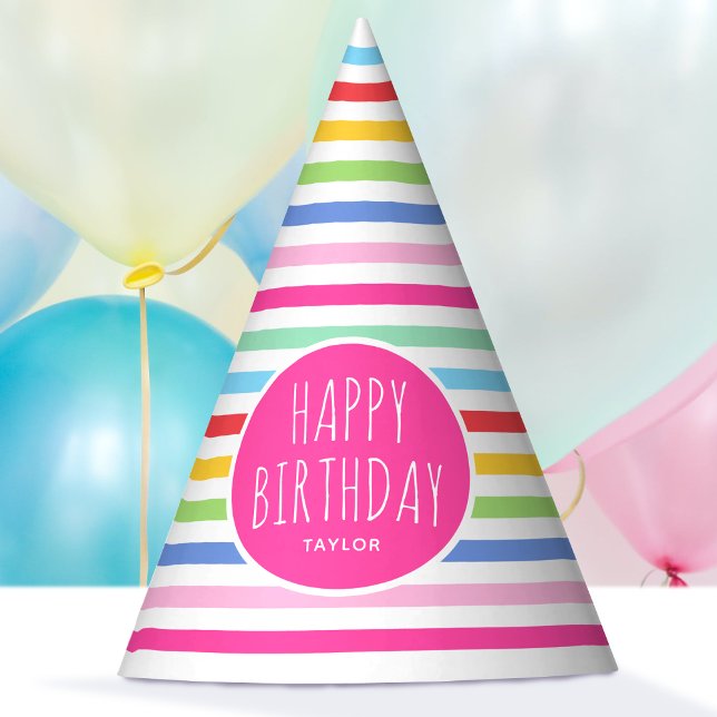 Cute Rainbow Striped Happy Birthday Pink Party Hat (Creator Uploaded)