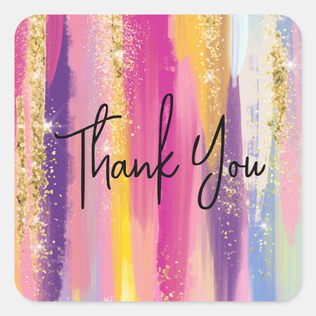 Cute Rainbow Stripes with Gold Glitter Thank You Square Sticker (Front)