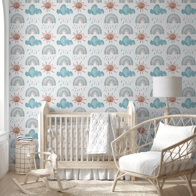 Cute Rainbow Sun Cloud Beige Blue Nursery  Wallpaper (Kids)