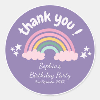 Cute Rainbow Thank You Purple Kids Birthday Classi Classic Round Sticker