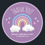 Cute Rainbow Thank You Purple Kids Birthday Classic Round Sticker<br><div class="desc">This cute and magical girls purple baby shower favour sticker design features a rainbow and stars,  and can be personalised with your child's name and the date of your birthday party. The perfect whimsical 'thank you' favour stickers for your kids birthday party.</div>