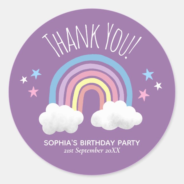 Cute Rainbow Thank You Purple Kids Birthday Classic Round Sticker (Front)