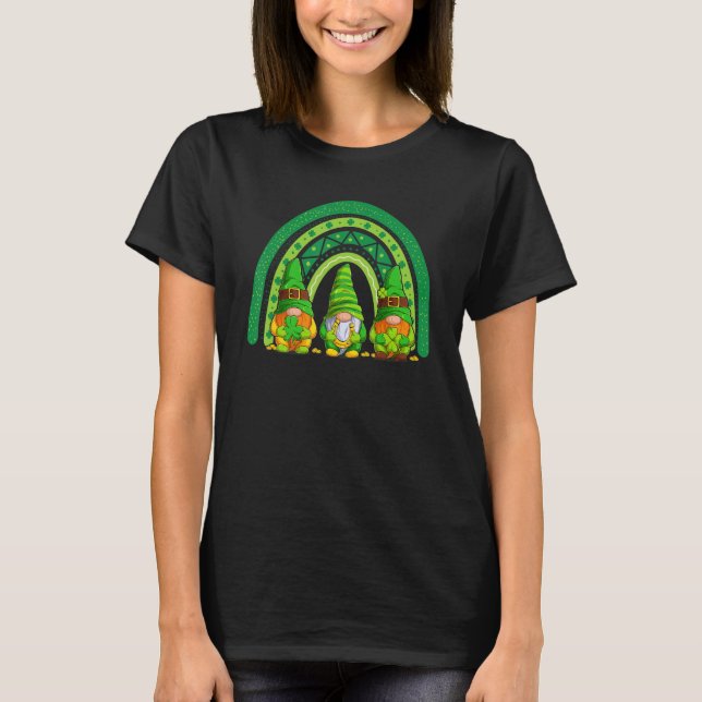 Cute Rainbow Three Gnome Irish Shamrock Lucky Patr T-Shirt (Front)