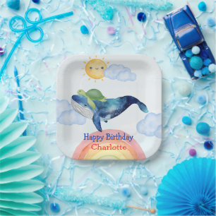 Cute Rainbow turtle whale fish Birthday party Paper Plate