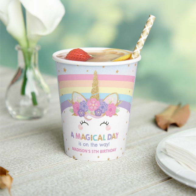 Cute Rainbow Unicorn 1st 2nd 5th Birthday Party Paper Cups (Insitu)